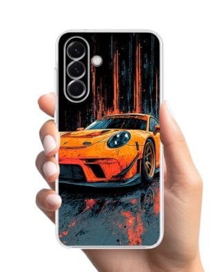 Etui do Samsung Galaxy A57 przeźroczyste, silikonowe Flexi, Szybkie Auta, Pomarańczowa 911