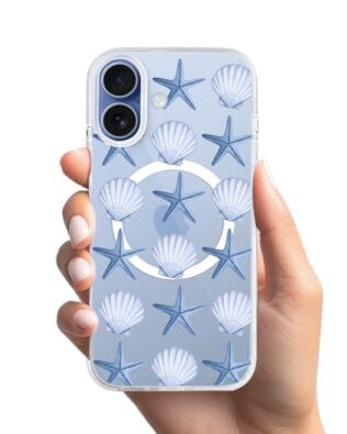 Etui do iPhone 17 z MagSafe przeźroczyste, silikonowe Flexi, Summer Patterns, niebieskie rozgwiazdy