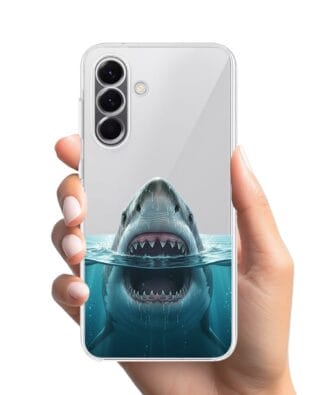 Etui do Samsung Galaxy A57 przeźroczyste, silikonowe Flexi, Paradise, żarłacz biały
