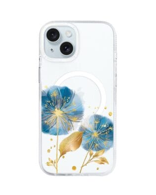 Etui do iPhone 15 z MagSafe przeźroczyste, silikonowe Flexi, Kwiaty, niebieskie dmuchawce