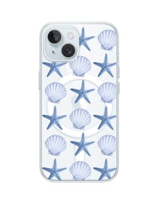 Etui do iPhone 15 Plus z MagSafe przeźroczyste, silikonowe Flexi, Summer Patterns, niebieskie rozgwiazdy