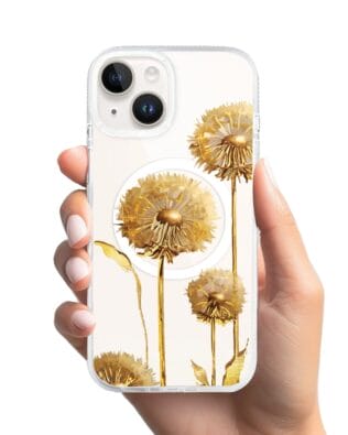 Etui do iPhone 14 z MagSafe przeźroczyste, silikonowe Flexi, Kwiaty, złote dmuchawce