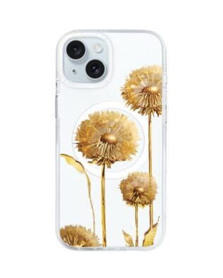 Etui do iPhone 15 z MagSafe przeźroczyste, silikonowe Flexi, Kwiaty, złote dmuchawce