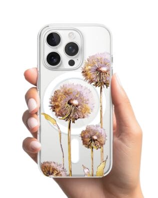 Etui do iPhone 15 Pro z MagSafe przeźroczyste, silikonowe Flexi, Kwiaty, fioletowe dmuchawce