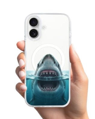 Etui do iPhone 16 z MagSafe przeźroczyste, silikonowe Flexi, Paradise, żarłacz biały