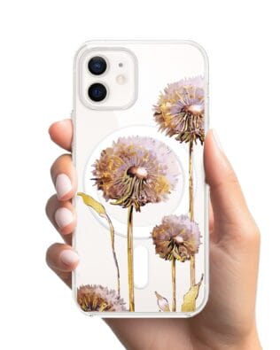 Etui do iPhone 12 Mini z MagSafe przeźroczyste, silikonowe Flexi, Kwiaty, fioletowe dmuchawce