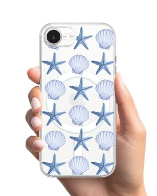 Etui do iPhone 16e z MagSafe przeźroczyste, silikonowe Flexi, Summer Patterns, niebieskie rozgwiazdy