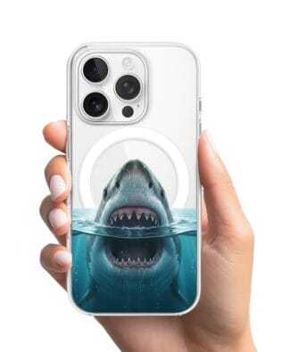 Etui do iPhone 16 Pro Max z MagSafe przeźroczyste, silikonowe Flexi, Paradise, żarłacz biały