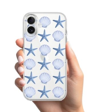 Etui do iPhone 16 Plus przeźroczyste, silikonowe Flexi, Summer Patterns, niebieskie rozgwiazdy