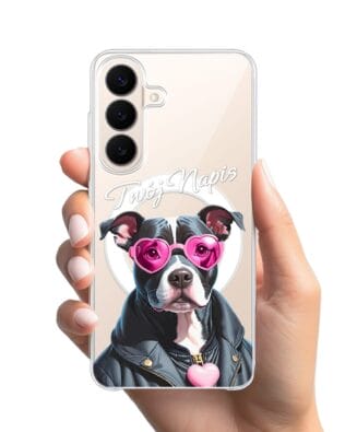 Etui do Samsung Galaxy S26 z MagSafe przeźroczyste, silikonowe Flexi, Puppy Love, pies rasy Amstaff