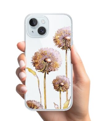 Etui do iPhone 15 Plus przeźroczyste, silikonowe Flexi, Kwiaty, fioletowe dmuchawce