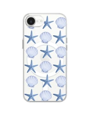 Etui do iPhone 16e z MagSafe przeźroczyste, silikonowe Flexi, Summer Patterns, niebieskie rozgwiazdy