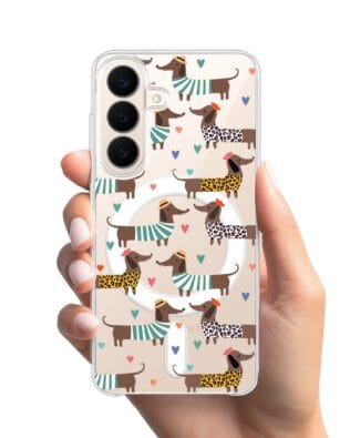 Etui do Samsung Galaxy S26 z MagSafe przeźroczyste, silikonowe Flexi, zakochane jamniki