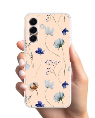 Etui do Samsung Galaxy A57 przeźroczyste, silikonowe Flexi, kwiatki niebieskie na pudrowym tle