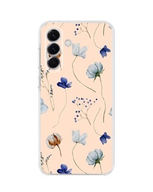 Etui do Samsung Galaxy A57 przeźroczyste, silikonowe Flexi, kwiatki niebieskie na pudrowym tle