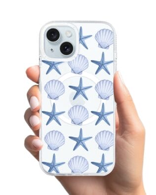 Etui do iPhone 15 z MagSafe przeźroczyste, silikonowe Flexi, Summer Patterns, niebieskie rozgwiazdy