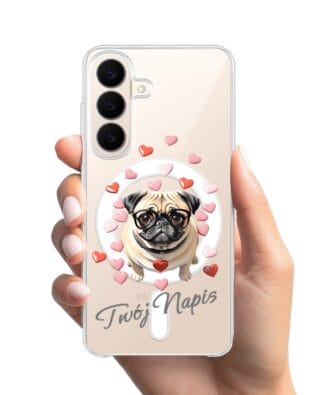 Etui do Samsung Galaxy S26 z MagSafe przeźroczyste, silikonowe Flexi, Puppy Love, pies rasy Mops