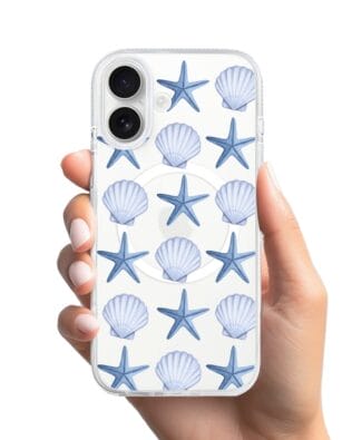 Etui do iPhone 16 z MagSafe przeźroczyste, silikonowe Flexi, Summer Patterns, niebieskie rozgwiazdy