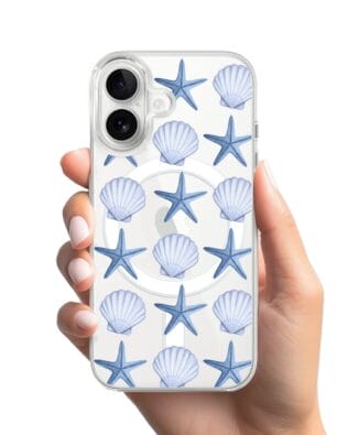 Etui do iPhone 16 Plus z MagSafe przeźroczyste, silikonowe Flexi, Summer Patterns, niebieskie rozgwiazdy