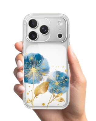 Etui do iPhone 17 Pro Max przeźroczyste, silikonowe Flexi, Kwiaty, niebieskie dmuchawce