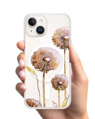 Etui do iPhone 14 Plus z MagSafe przeźroczyste, silikonowe Flexi, Kwiaty, fioletowe dmuchawce