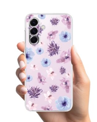 Etui do Samsung Galaxy A57 przeźroczyste, silikonowe Flexi, kwiatki niebieskie, fioletowe