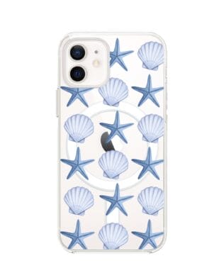 Etui do iPhone 12 Mini z MagSafe przeźroczyste, silikonowe Flexi, Summer Patterns, niebieskie rozgwiazdy