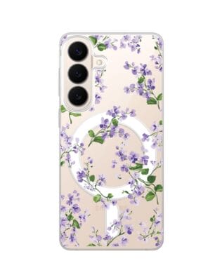Etui do Samsung Galaxy S26 z MagSafe przeźroczyste, silikonowe Flexi, Fioletowe Bratki