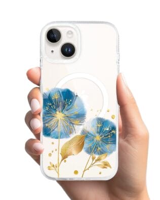 Etui do iPhone 14 z MagSafe przeźroczyste, silikonowe Flexi, Kwiaty, niebieskie dmuchawce