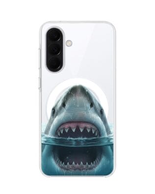 Etui do Samsung Galaxy A37 z MagSafe przeźroczyste, silikonowe Flexi, Paradise, żarłacz biały
