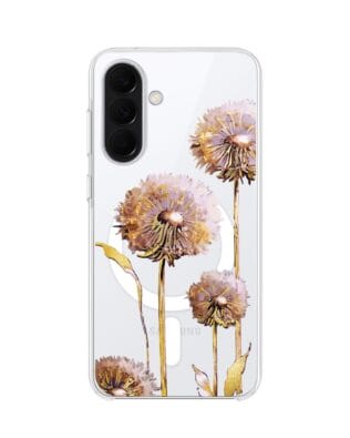 Etui do Samsung Galaxy A37 z MagSafe przeźroczyste, silikonowe Flexi, Kwiaty, fioletowe dmuchawce