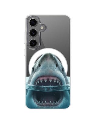 Etui do Samsung Galaxy S24 z MagSafe przeźroczyste, silikonowe Flexi, Paradise, żarłacz biały