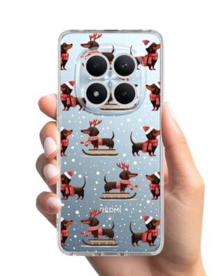 Etui do Xiaomi Redmi Note 15 5G przeźroczyste, silikonowe Flexi, Przytulne święta, Jamniki na saniach