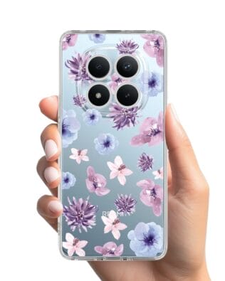 Etui do Xiaomi Redmi Note 15 5G przeźroczyste, silikonowe Flexi, kwiatki niebieskie, fioletowe