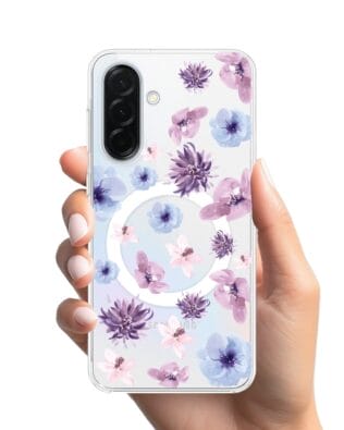 Etui do Samsung Galaxy A37 z MagSafe przeźroczyste, silikonowe Flexi, kwiatki niebieskie, fioletowe