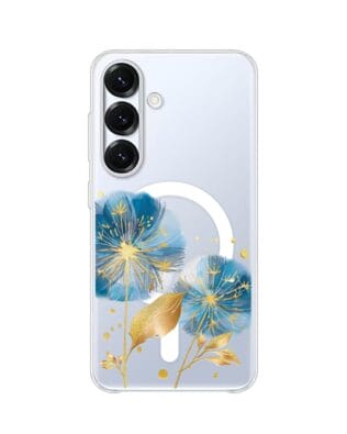 Etui do Samsung Galaxy S25 Plus z MagSafe przeźroczyste, silikonowe Flexi, Kwiaty, niebieskie dmuchawce