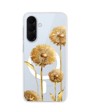 Etui do Samsung Galaxy A57 z MagSafe przeźroczyste, silikonowe Flexi, Kwiaty, złote dmuchawce