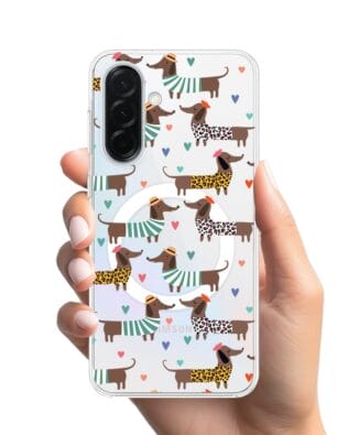 Etui do Samsung Galaxy A37 z MagSafe przeźroczyste, silikonowe Flexi, zakochane jamniki