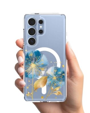 Etui do Samsung Galaxy S25 Ultra z MagSafe przeźroczyste, silikonowe Flexi, Kwiaty, niebieskie dmuchawce