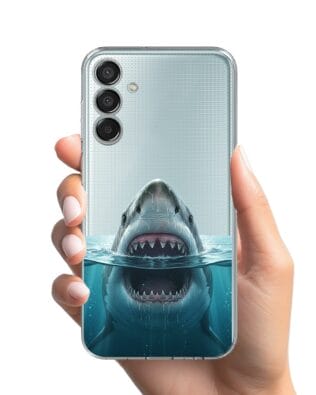 Etui do Samsung Galaxy M15 5G przeźroczyste, silikonowe Flexi, Paradise, żarłacz biały