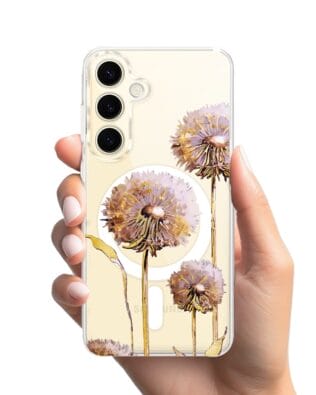 Etui do Samsung Galaxy S24 z MagSafe przeźroczyste, silikonowe Flexi, Kwiaty, fioletowe dmuchawce