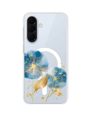 Etui do Samsung Galaxy A57 z MagSafe przeźroczyste, silikonowe Flexi, Kwiaty, niebieskie dmuchawce
