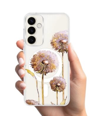 Etui do Samsung Galaxy S23 z MagSafe przeźroczyste, silikonowe Flexi, Kwiaty, fioletowe dmuchawce