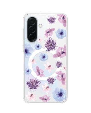 Etui do Samsung Galaxy A37 z MagSafe przeźroczyste, silikonowe Flexi, kwiatki niebieskie, fioletowe