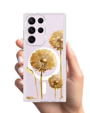 Etui do Samsung Galaxy S23 Ultra z MagSafe przeźroczyste, silikonowe Flexi, Kwiaty, złote dmuchawce