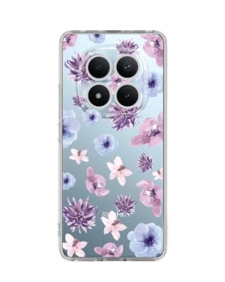 Etui do Xiaomi Redmi Note 15 5G przeźroczyste, silikonowe Flexi, kwiatki niebieskie, fioletowe
