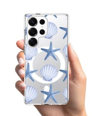 Etui do Samsung Galaxy S25 Ultra z MagSafe przeźroczyste, silikonowe Flexi, Summer Patterns, niebieskie rozgwiazdy
