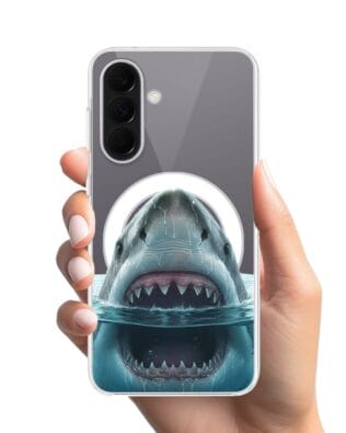 Etui do Samsung Galaxy A57 z MagSafe przeźroczyste, silikonowe Flexi, Paradise, żarłacz biały