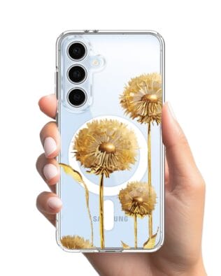 Etui do Samsung Galaxy S24 FE z MagSafe przeźroczyste, silikonowe Flexi, Kwiaty, złote dmuchawce