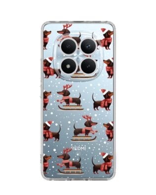 Etui do Xiaomi Redmi Note 15 5G przeźroczyste, silikonowe Flexi, Przytulne święta, Jamniki na saniach